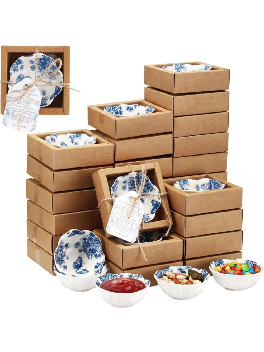 80 Pack Blue Floral Small Ceramic Bowls - Perfect Wedding Favors & Decor